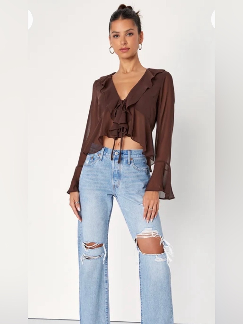 NWT, Lulus Thriving Flirt Brown Chiffon Ruffled Long Sleeve Tie Front Top, Med